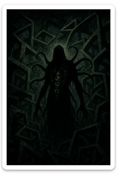 eldritch horror, shadowy figure, impossible geometry, glowing runes, disturbing, horror style sticker