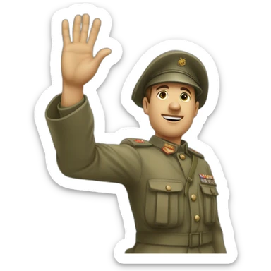 A man in a soldier suit from world war one raising their right hand vertically to around 45 degrees in the air. His arm is stretched out, not bent at all. and his face is shown sticker