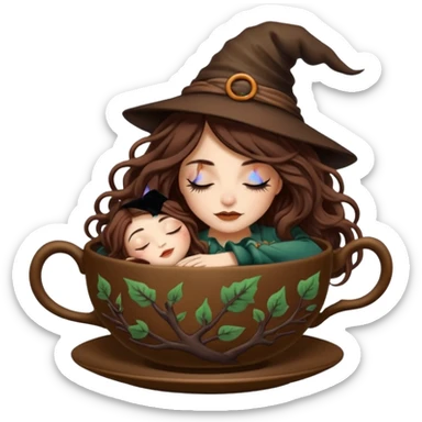 cute forest witch woman long wavy brown hair tattoos sleeping inside teacup sticker