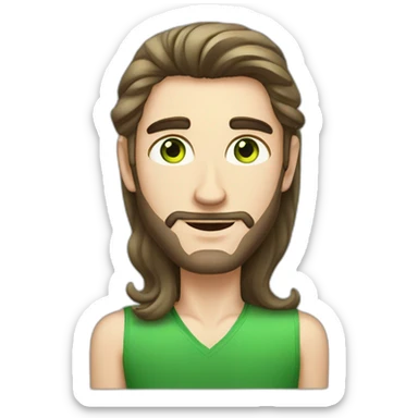 white skin men with long brunette hair and green eyes with a perfum bottle sticker