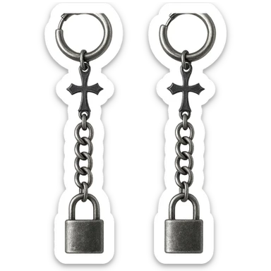 goth earrings, chain and padlock, punk gothic, metallic sticker