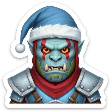 
Fantasy Christmas orc legion soldier icon, iron tundra army theme, heavy winter armor, disciplined brutal look, icy blue steel armor with deep crimson accents, frozen metal texture, cold winter atmosphere, male variant sticker