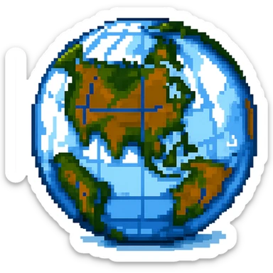 Add more 3D depth and shading to this pixel art globe icon, enhance highlights and shadows, keep background transparent, maintain pixel art style with enhanced 3D effect and lighting. sticker