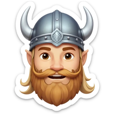 Clash of Clans aesthetic: Cinematic Playful Viking Portrait Emoji, Head tilted with a cheeky grin and twinkling eyes, featuring a compact, charming build with a modest, stylized Viking helmet and a playful beard, his face rendered in natural skin tone, Simplified yet irresistibly charming features, highly detailed, glowing with a warm, inviting radiance, high shine, spirited and lively, stylized with an air of whimsical Nordic mischief, soft glowing outline, capturing the essence of a playful Viking exuding friendly rogue charm! sticker