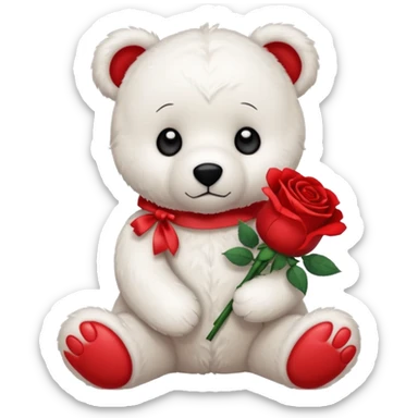 Cute white teddy bear with sad puppy dog eyes holding roses  sticker