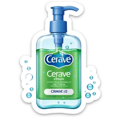 `CeraVe-shaped white rectangular pump bottle with soft green label and blue “CeraVe” stripe. Surrounded by floating water bubbles, glowing light particles, and a gentle green mist. Feels like a calm hydration spell in a bottle. Clean, glossy, emoji-style.`
 sticker