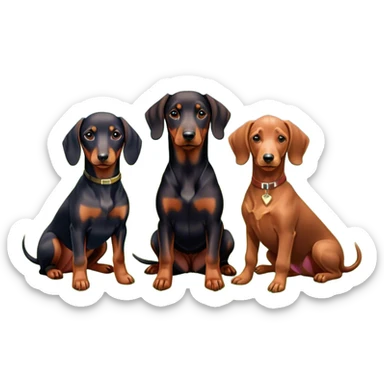 Close-up of a Doberman Pinscher, a Dachshund and a Poodle sitting together on lush green grass. The background features a beautiful, serene nature view with rolling hills and bright blue skies. The dogs' sleek coats shine under the sun. Transparent background. sticker