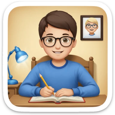 un niño de entre 3 - 10 años estudiando ingles, un destello de luz o colores más vivos para el niño que estudia en su habitacion feliz  sticker