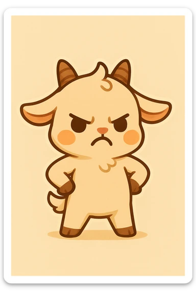 Edit the chibi goat to have an angry expression with hands on hips and both legs on the ground. Keep the chibi joyful style but change the expression to angry. Use a simple background. sticker