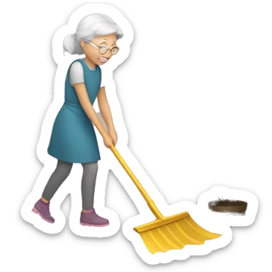 Girl raking leaves with old lady sticker