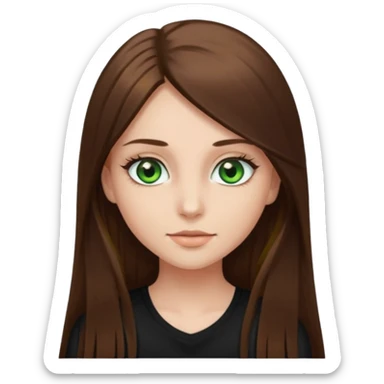A girl with long straight brown hair, green eyes, and long eyelashes wearing a black top sticker