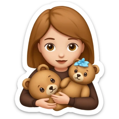Crea un emoji de una muchacha pelo castaño oscuro abrazando un osito de peluche  sticker