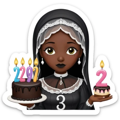 Emoji-style illustration of a cute sarcastic woman, black mourning dress and veil, holding a birthday cake with number 29 candles, ironic expression, RIP 20s theme, flat design, bold outlines, pastel gothic colors, high resolution, clean background, perfect for profile picture sticker