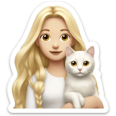 Girl with long blond hair holding a white cat sticker