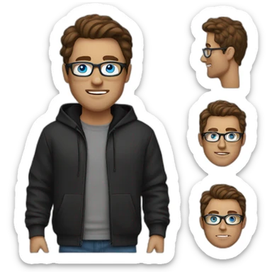 man with blue eyes, brown hair, black hoodie, silver glases sticker