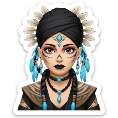 white shaman woman black clothes black accesories face tattoos sticker