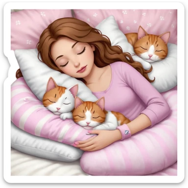 girl with long wavy brown hair, brown eyes, long lashes makeup, sexy pink lips, light to medium complexion,  sleeping on a cozy pillow, with 6 cats: 1 brown and white tabby cat, 1 ginger and white, 2 grey and white, 1 grey with white mittens and small white patch on chest and 1 calico, sleeping sticker