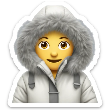 White winter parka with grey fur trimmed hood sticker