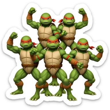 Give me a picture of 4 teenage mutant ninja turtles. Make them hold a fighting pose. sticker