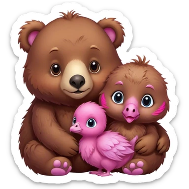 A cute brown bear and a realistic cute pink dodo closely together. They brought a brown kitten sticker