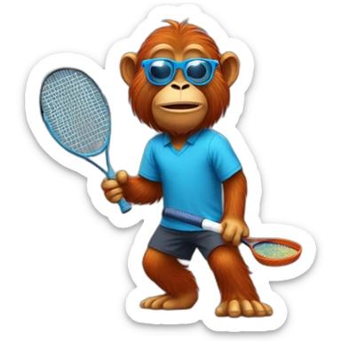 Orang utan playing tennis in blue shirt with glasses sticker
