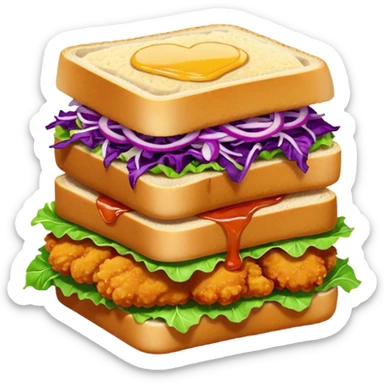 Burning hot, spicy,  stacked chicken sandwich — two thick golden toast slices, a crispy breaded chicken fillet, green lettuce, and purple cabbage slaw, with glossy dark sauce dripping down the sides. sticker