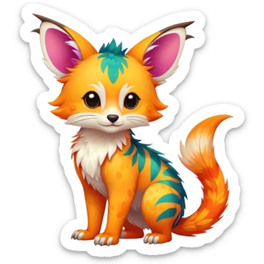 Feral Rare Fantasy vibrant colorful tropical cute, kawaii, cool, ed Vernid-Trico-species by LiLaiRa, random markings, tufted tail, tufted ears, full body, cheek markings sticker