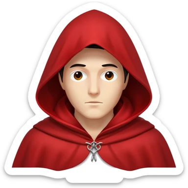 Mysterious hooded figure wearing a red cloak. The character's face should be completely hidden in shadow, giving off an aura of secrecy and intrigue. The emoji should be simple, expressive, and instantly recognizable as a secretive or deceptive person, like in a reality game show. sticker