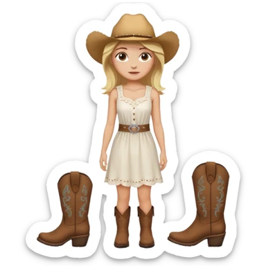 Please give me the woman standing emoji with a peach skin tone, medium length blonde hair, and dark brown eyes. Please make her wear a white sundress and brown cowgirl boots sticker
