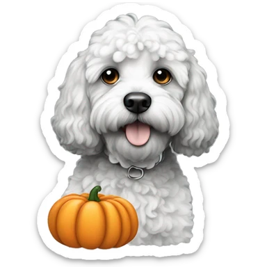black and white doodle cockapoo with a pumpkin sticker