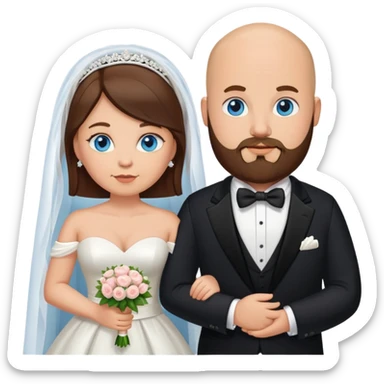 blue-eyed overweight bald man with a beard in a tux and brunette bride sticker