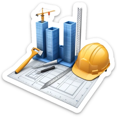 An icon featuring a blueprint, a hard hat, and construction tools, symbolizing architecture and construction. The design includes a ruler, building materials, and a skyscraper, representing the design and building process. Transparent background highlights the art and science of creating structures. sticker