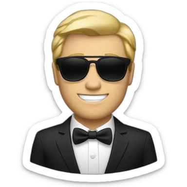white guy in black suit with blonde hair and blac non-shinethrough sunglasses sticker