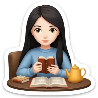 Brunette girl, black straight hair, grey eyes, cozy with tea and book sticker