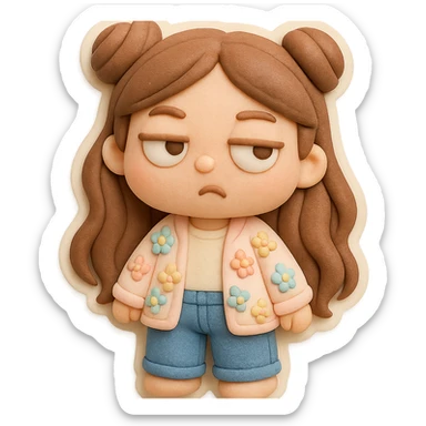 3D chibi girl in fondant cake art style, high-quality rendering with smooth shadows and soft gradients, long brown hair in two space buns, brown eyes, jeans, pastel floral cardigan, thick white outline like a sticker, transparent background, rolling her eyes like oh please, preserve facial features from reference image sticker