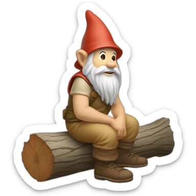 side view of gnome with light tan pants squatting above tiny brown log sticker