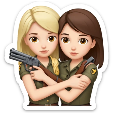 two girls hugging eachother and holding guns sticker