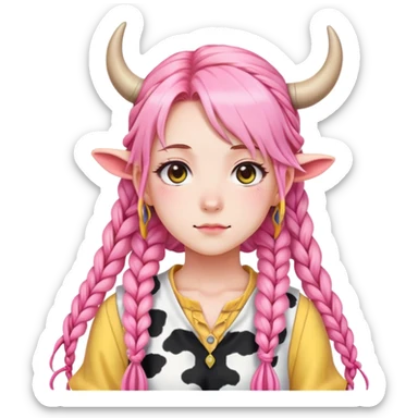En anime-jente med rosa lange fletter, ku-horn og ku-ører med gul crop-blouse sticker
