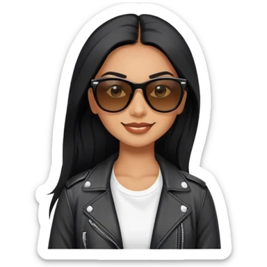 beautiful fit woman, with long straight black hair, with make up, black eye liner, smile mooth close, mexican, brown skin, wearing white tee, wearing leather black jacket, solar black wayfarer rayban sticker