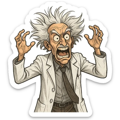 mad scientist going crazy, wild hair, lab coat, exaggerated expression sticker