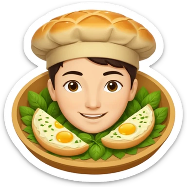 Georgian cuisine avatar in bright emoji-style illustration. Khachapuri and herbs, rich golden and green colors, simple shapes, flat design, strong character. sticker