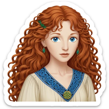 a detailed portrait of loreena mckennitt, focusing on her upper half. she has long, curly auburn hair, fair skin, and piercing blue eyes. wearing a flowing blouse with Celtic-inspired embroidery, highlights her serene and contemplative expression sticker