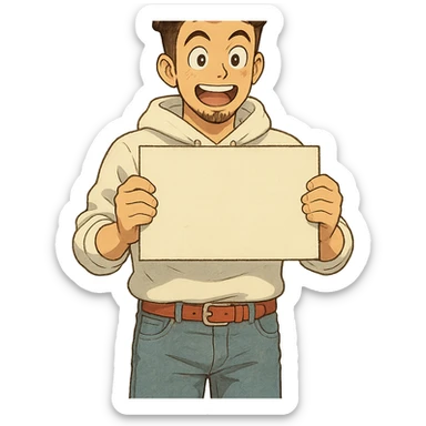 1 male, mid fade haircut dark chestnut brown curly hair, toasted lightskin, white hoodie sleeves up, fashion jeans, red fashion-sneakers shoes, red belt, short trimmed beard and goatee,  style of deku from "my hero academia", pose: holding a blank poster shoulder level, the image is framed from the waist to above the top of the head, facial expression is excited sticker