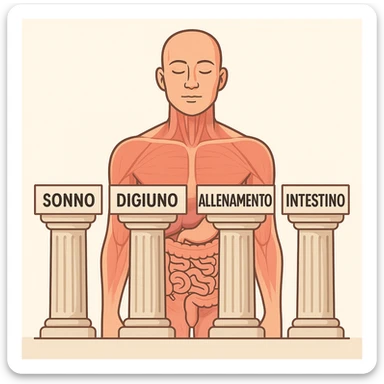 5 pilastri con le scritte "SONNO", "DIGIUNO", "ALLENAMENTO", "INTESTINO", DAVANTI UN CORPO UMANO ANATOMICO CON OCCHI CHIUSI IN SALUTE, SFONDO CHIARO sticker