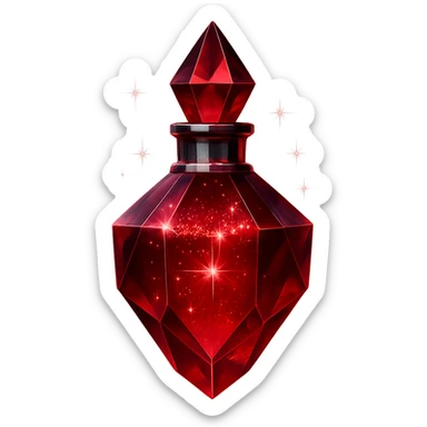 red crystal-shaped luxurious elixir bottle, deep red color, iridescent and silver details, intense magical glowing and sparkling effects, very small neck, seamless bottom, transparent background, floating, no base or shadow, modern, matching a collection sticker