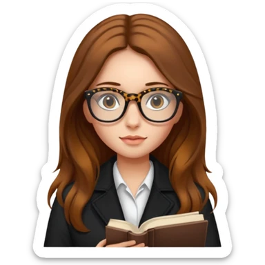 A girl with long brown hair and The leopards reading glasses and black jacket  sticker