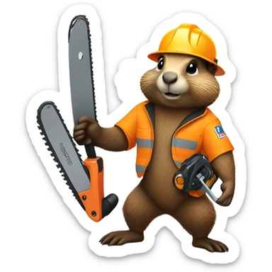 Woodchuck in climbing gear and hard hat holding a chainsaw  sticker