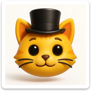 3D rendered emoji-style illustration, glossy plastic-like materials, soft ambient occlusion, rounded forms, high-detail textures, clean white background, Apple emoji aesthetic, subsurface scattering on skin, vibrant saturated colors, cute proportions with large expressive eyes, studio lighting with soft shadows, cat wearing a tophat sticker