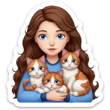 girl with long wavy brown hair, blue eyes, long lashes makeup, cuddling with 6 cats sticker