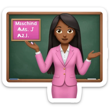 a brown skin teacher with hair with black straight long hair wearing pink not hot pink 2 piece set teaching up on a board the board says Ms. J sticker